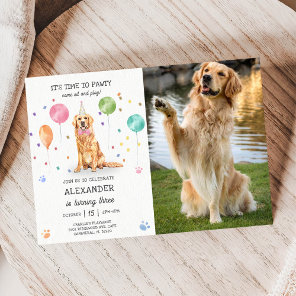 Golden Retriever Pawty Dog Puppy Birthday Blue  Invitation