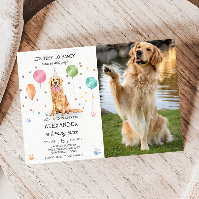 Golden Retriever Pawty Dog Puppy Birthday Blue  Invitation (Creator Uploaded)