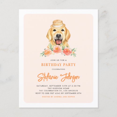 Golden Retriever Peach Birthday Party Invitation