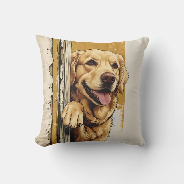 Golden Retriever Peeking Door Throw Pillow (Front)