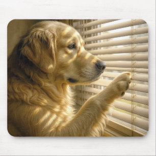 Golden Retriever Peeking Through Sunlit Blinds Mouse Pad