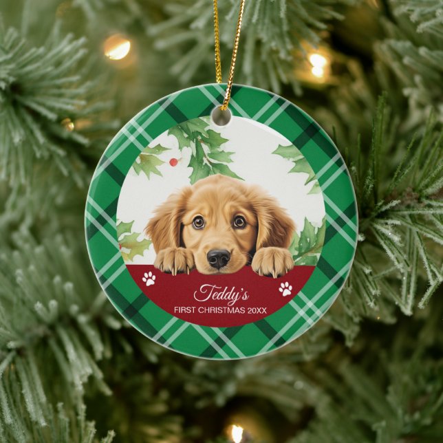 Golden Retriever Personalized First Christmas Ceramic Ornament (Tree)