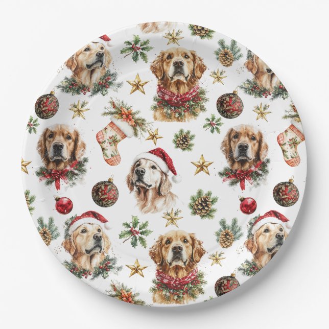 Golden Retriever Pet Dog Christmas Pattern  Paper Plates (Front)