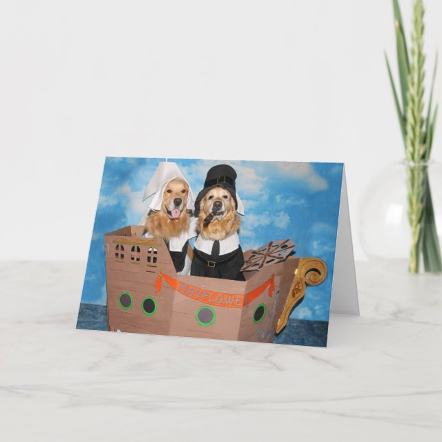 Golden Retriever Pilgrims Mayflower Thankgiving Holiday Card (Front)