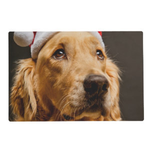 Golden Retriever posing for his Christmas Placemat