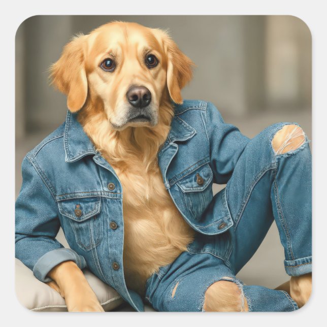 Golden Retriever Posing in Blue Jeans Square Sticker (Front)