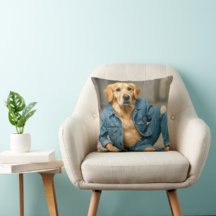 Golden Retriever Posing In Blue Jeans Throw Pillow