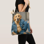 Golden Retriever Posing In Blue Jeans Tote Bag<br><div class="desc">A golden retriever dog is dressed in a stylish denim jacket and ripped jeans,  lounging casually on a pillow against a blurred background</div>