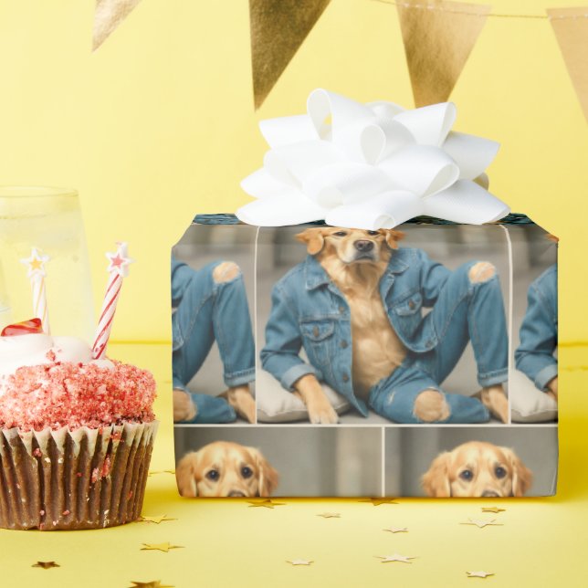 Golden Retriever Posing In Blue Jeans Wrapping Paper (Birthday Party)