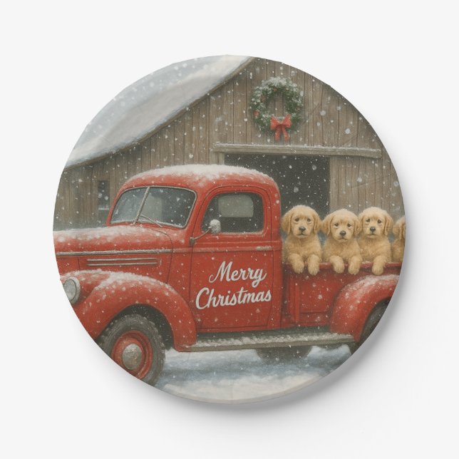 Golden Retriever Puppies in an old truck Christmas Paper Plates (Front)