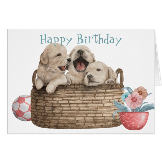 Golden Retriever Puppies in Basket Birthday Card (Front Horizontal)