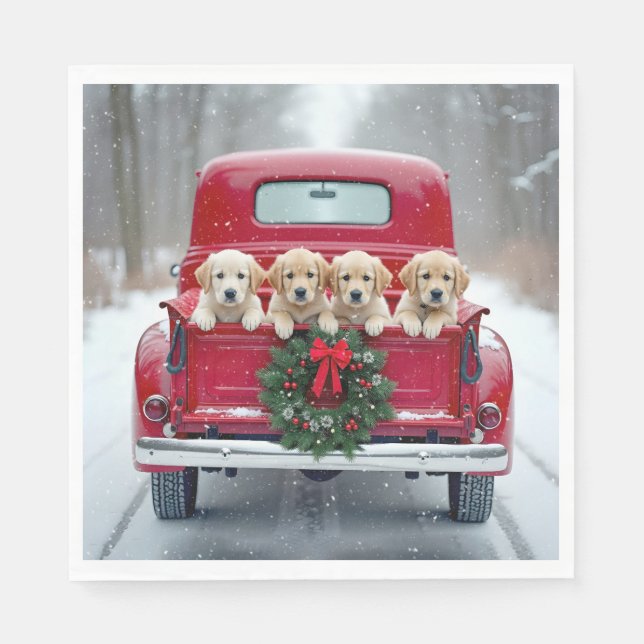 Golden Retriever Puppies In Christmas Truck Napkins (Front)