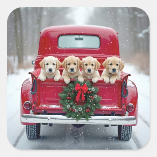 Golden Retriever Puppies In Christmas Truck Square Sticker