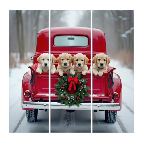 Golden Retriever Puppies In Christmas Truck Triptych