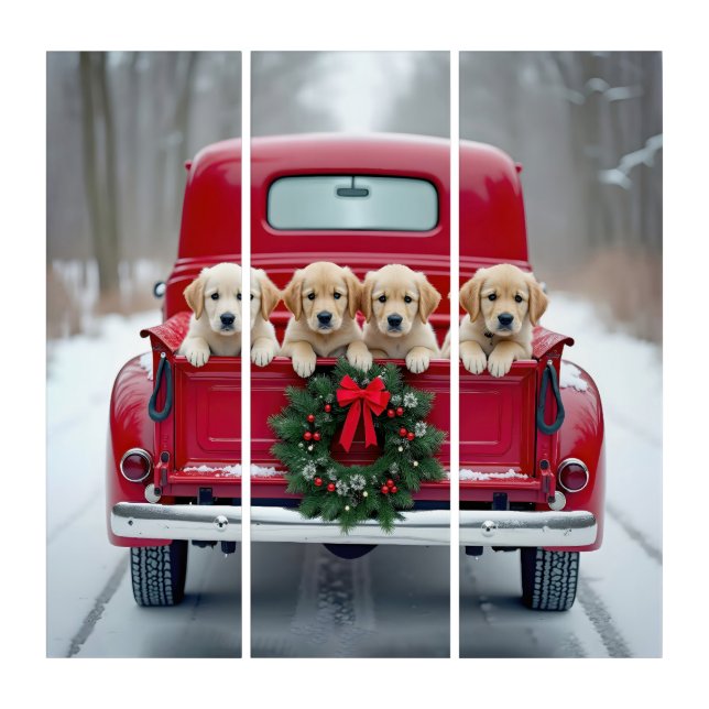 Golden Retriever Puppies In Christmas Truck Triptych (Front)
