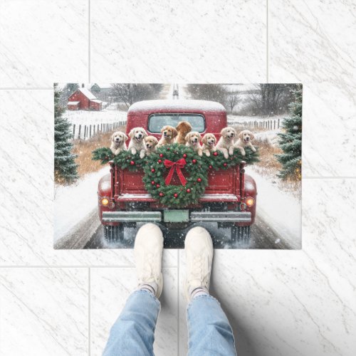 Golden Retriever Puppies In Red Christmas Truck Doormat