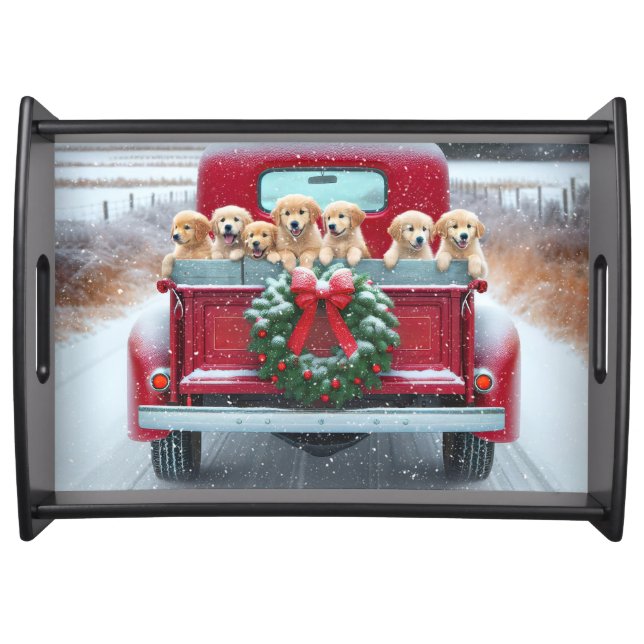 Golden Retriever Puppies In Red Christmas Truck Serving Tray (Front)