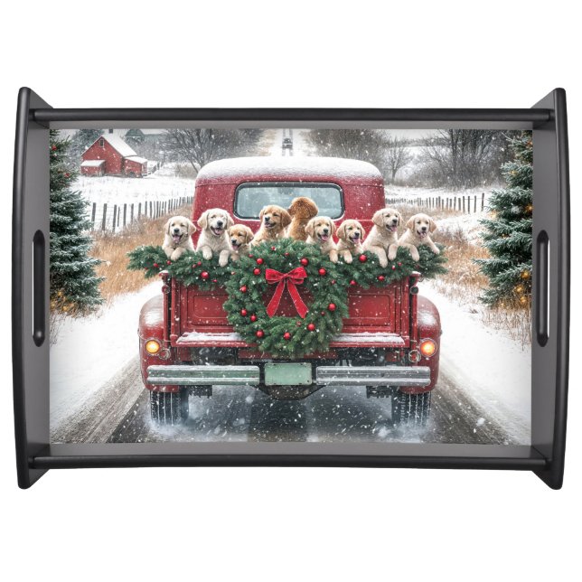 Golden Retriever Puppies In Red Christmas Truck Serving Tray (Front)