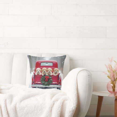 Golden Retriever Puppies In Red Truck Throw Pillow