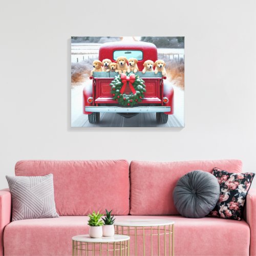 Golden Retriever Puppies In Retro Truck Canvas Print