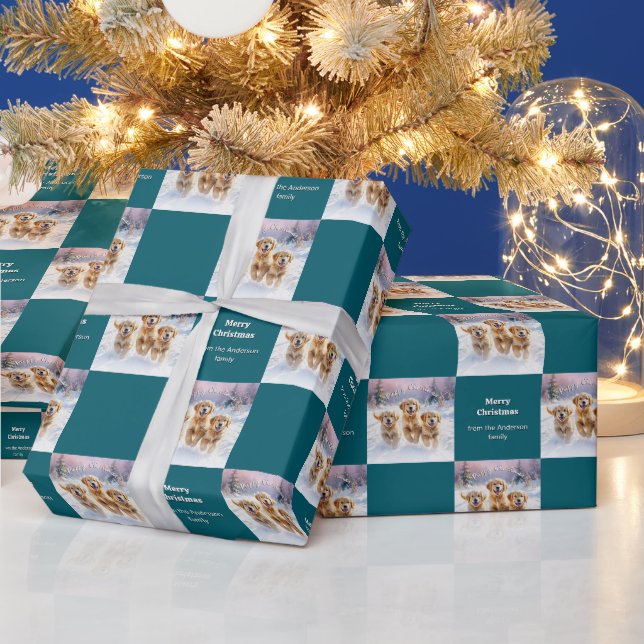 Golden Retriever Puppies In Snow Cute Christmas Wrapping Paper (Holidays)