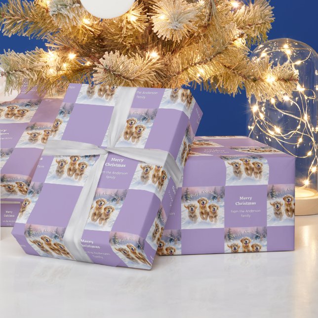 Golden Retriever Puppies in Snow Lilac Christmas Wrapping Paper (Holidays)