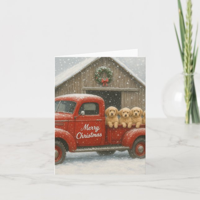 Golden Retriever Puppies in Truck Christmas Card (Front)
