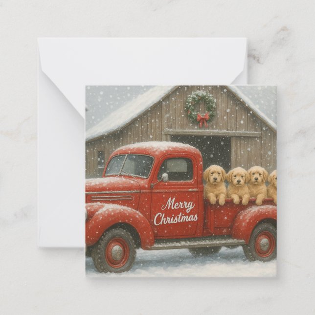 Golden Retriever Puppies in Truck Christmas Card (Front)
