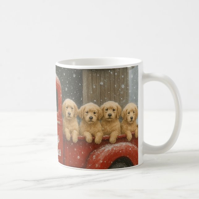 Golden Retriever Puppies in Truck Christmas Card Coffee Mug (Right)