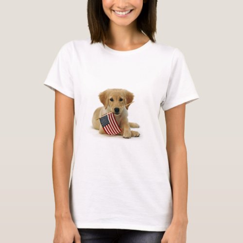 Golden Retriever Puppy and Flag T_Shirt