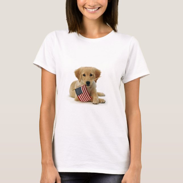 Golden Retriever Puppy and Flag T-Shirt (Front)