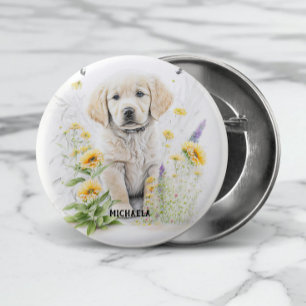 Golden Retriever Puppy and Florals Monogram Name Button