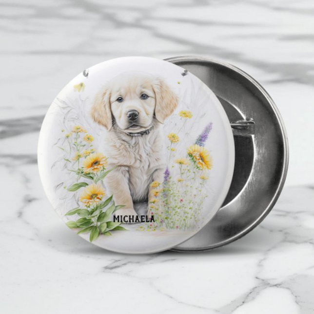 Golden Retriever Puppy and Florals Monogram Name Button (Add the required name to personalize or remove if not required.)