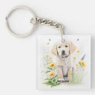 Golden Retriever Puppy and florals monogram name Keychain