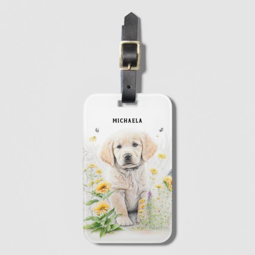 Golden Retriever Puppy and Florals Monogram Name Luggage Tag