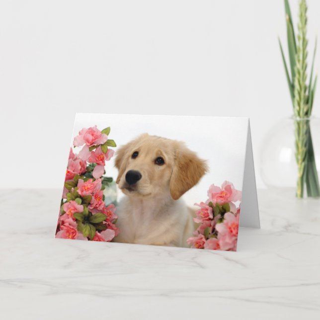 Golden Retriever Puppy and Pink Flowers Card (Front)