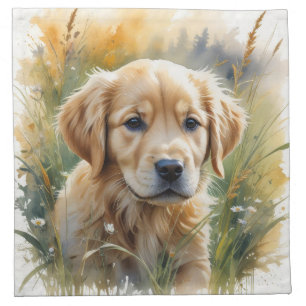 Golden retriever puppy at sunset cloth napkin
