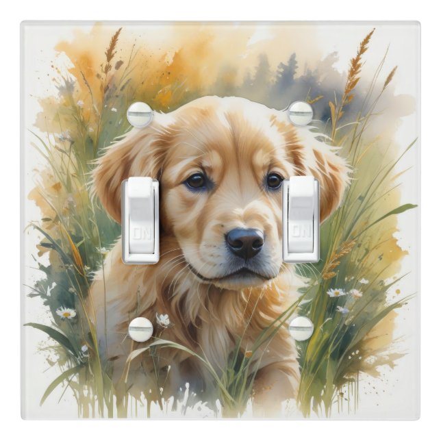 Golden retriever puppy at sunset light switch cover (In Situ)