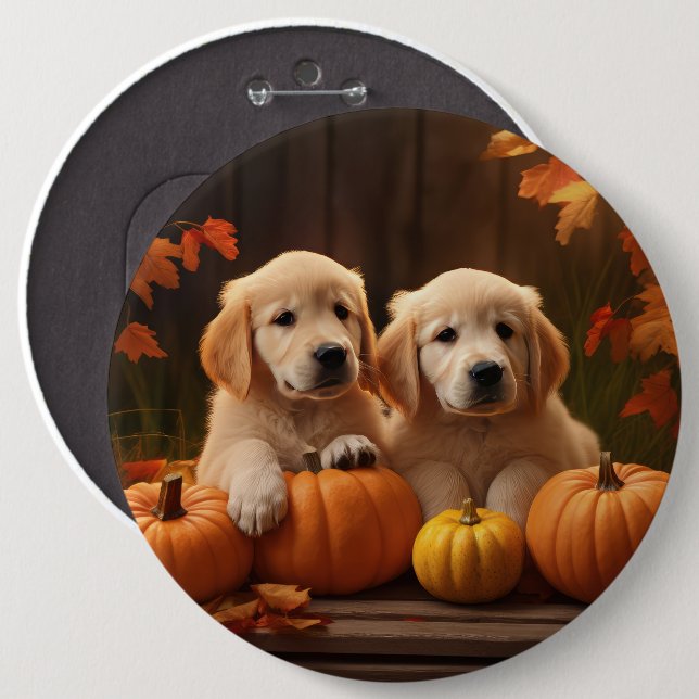 Golden Retriever Puppy Autumn Delight Pumpkin  Button (Front & Back)