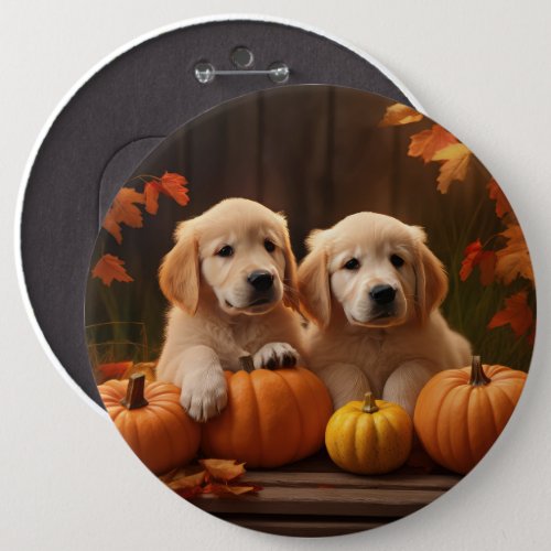 Golden Retriever Puppy Autumn Delight Pumpkin  Button