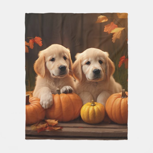 Golden Retriever Puppy Autumn Delight Pumpkin  Fleece Blanket (Front)