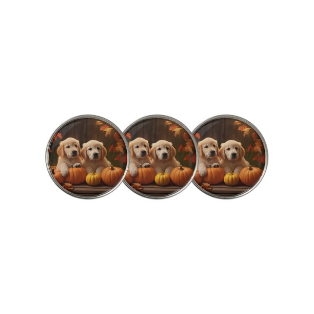 Golden Retriever Puppy Autumn Delight Pumpkin  Golf Ball Marker (3 Up)