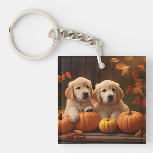 Golden Retriever Puppy Autumn Delight Pumpkin  Keychain (Front)