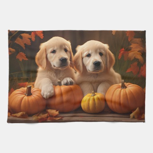 Golden Retriever Puppy Autumn Delight Pumpkin  Kitchen Towel