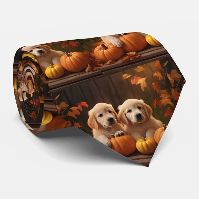Golden Retriever Puppy Autumn Delight Pumpkin  Neck Tie (Rolled)