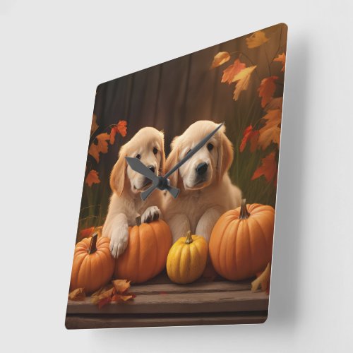 Golden Retriever Puppy Autumn Delight Pumpkin  Square Wall Clock
