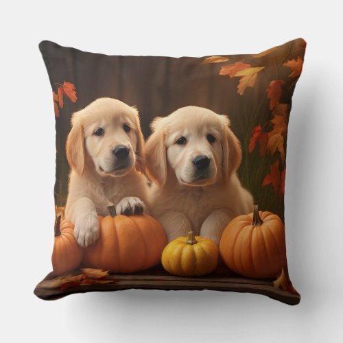 Golden Retriever Puppy Autumn Delight Pumpkin  Throw Pillow