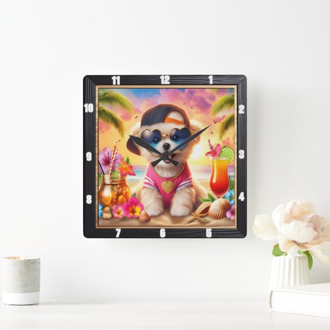 Golden Retriever Puppy Beach Time Square Wall Clock (Home)