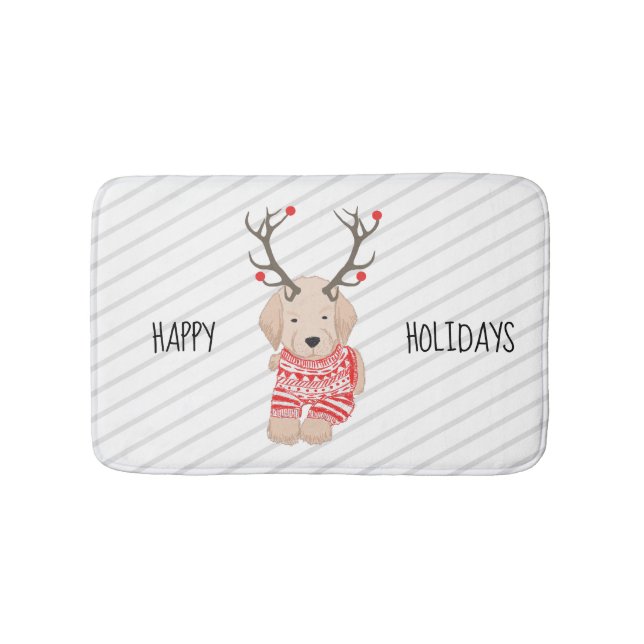 Golden Retriever Puppy Christmas Antlers Stripe Bath Mat (Front)