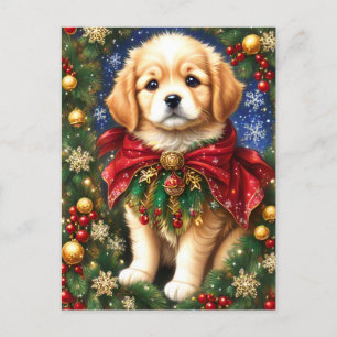 Golden Retriever Puppy Christmas Tree Snowflakes  Holiday Postcard